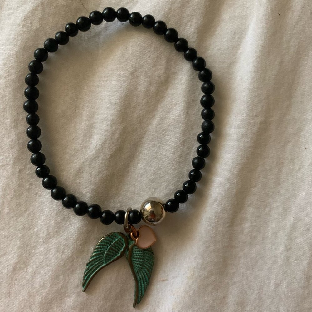 Black Beaded Bracelet with Pink Heart and Verde Angel Wings Charms